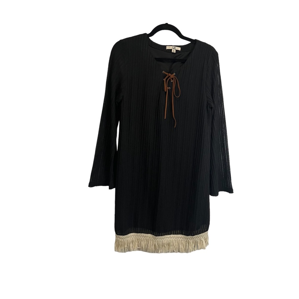 Ya Los Angeles Black Ribbed Fringe Tie Neck Long Sleeve Dress Womens Size M